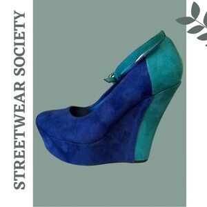 Faux Suede Platform Wedge Heel Ankle Strap Blue Teal Green Statement Shoe Size 9